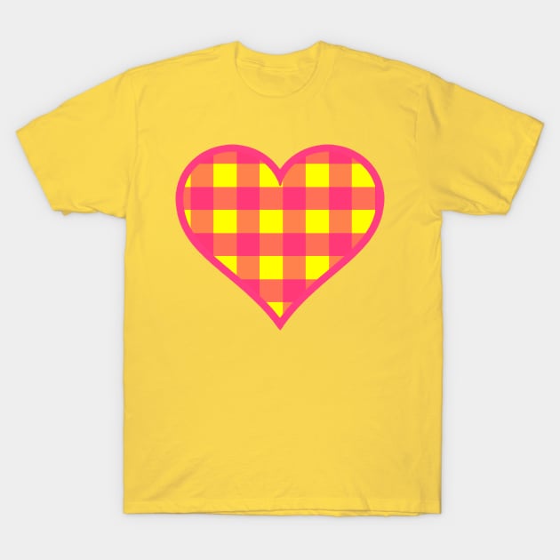 Pink and Yellow Buffalo Plaid Heart T-Shirt by bumblefuzzies